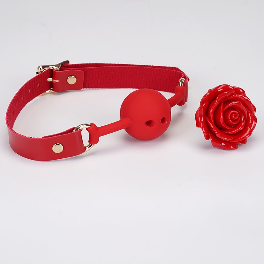 Adjustable Genuine Leather & Silicone Rose Gag - 5cm Floral Design, 61cm Straps (Black/Red)