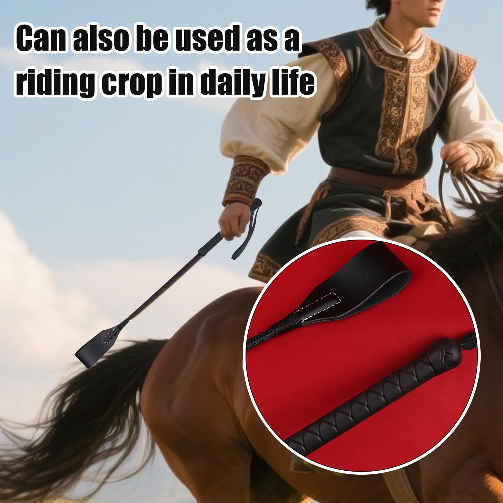 Black Genuine Leather Horse Whip - 52cm for Equestrian Training & Riding Accessories