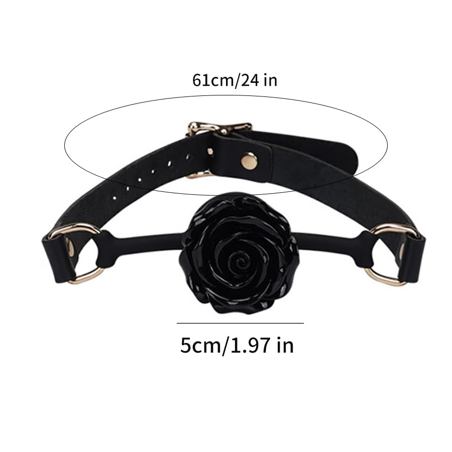 Adjustable Genuine Leather & Silicone Rose Gag - 5cm Floral Design, 61cm Straps (Black/Red)