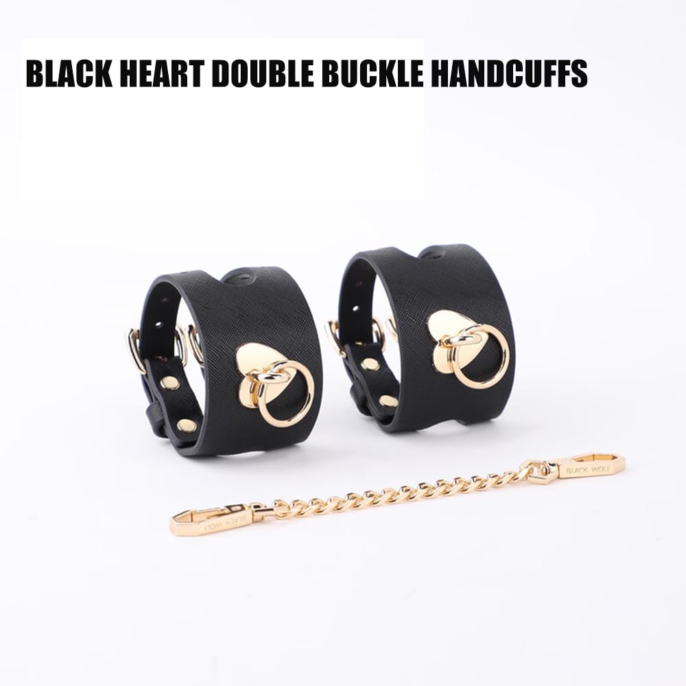 Heart-Cutout Handcuffs Set Bondage Handcuffs BDSM Sex Restraints Toys PU Leather Cuffs Sex Toys Adjustable Adult Fetish Erotic Slave SM Game Chain for Secure Bondage Play