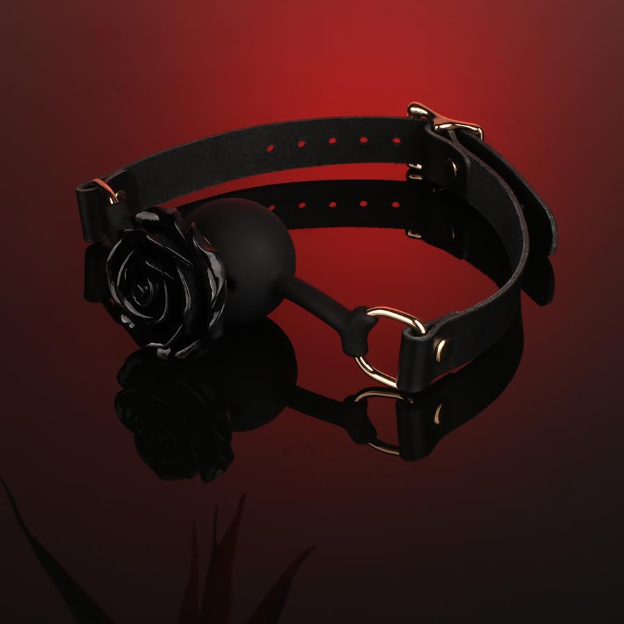 Adjustable Genuine Leather & Silicone Rose Gag - 5cm Floral Design, 61cm Straps (Black/Red)