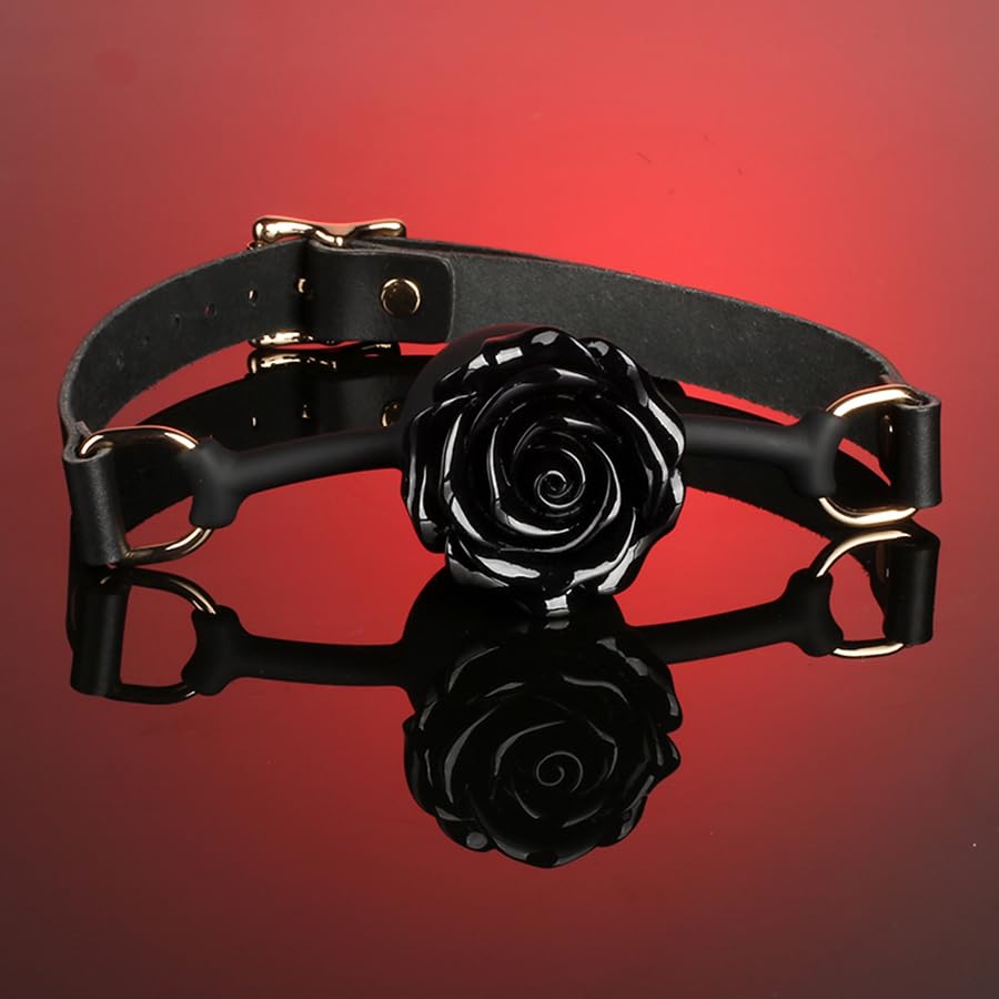 Adjustable Genuine Leather & Silicone Rose Gag - 5cm Floral Design, 61cm Straps (Black/Red)