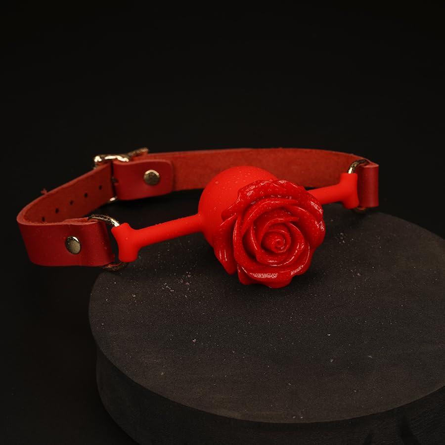 Adjustable Genuine Leather & Silicone Rose Gag - 5cm Floral Design, 61cm Straps (Black/Red)