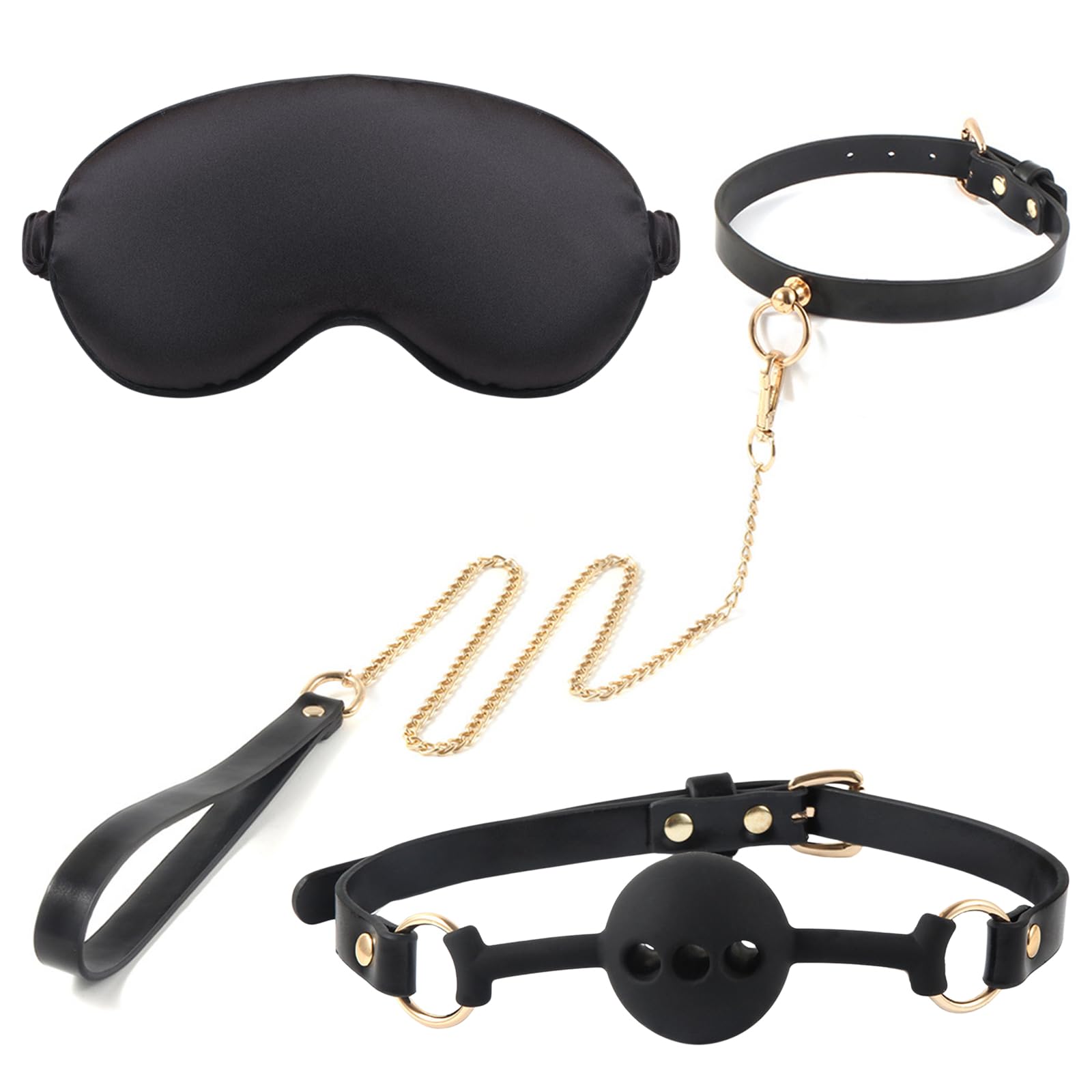 Black & Gold PU Leather BDSM Restraint Set - 4-Piece Kit with Satin Blindfold, Silicone Gag, Collar & Leash