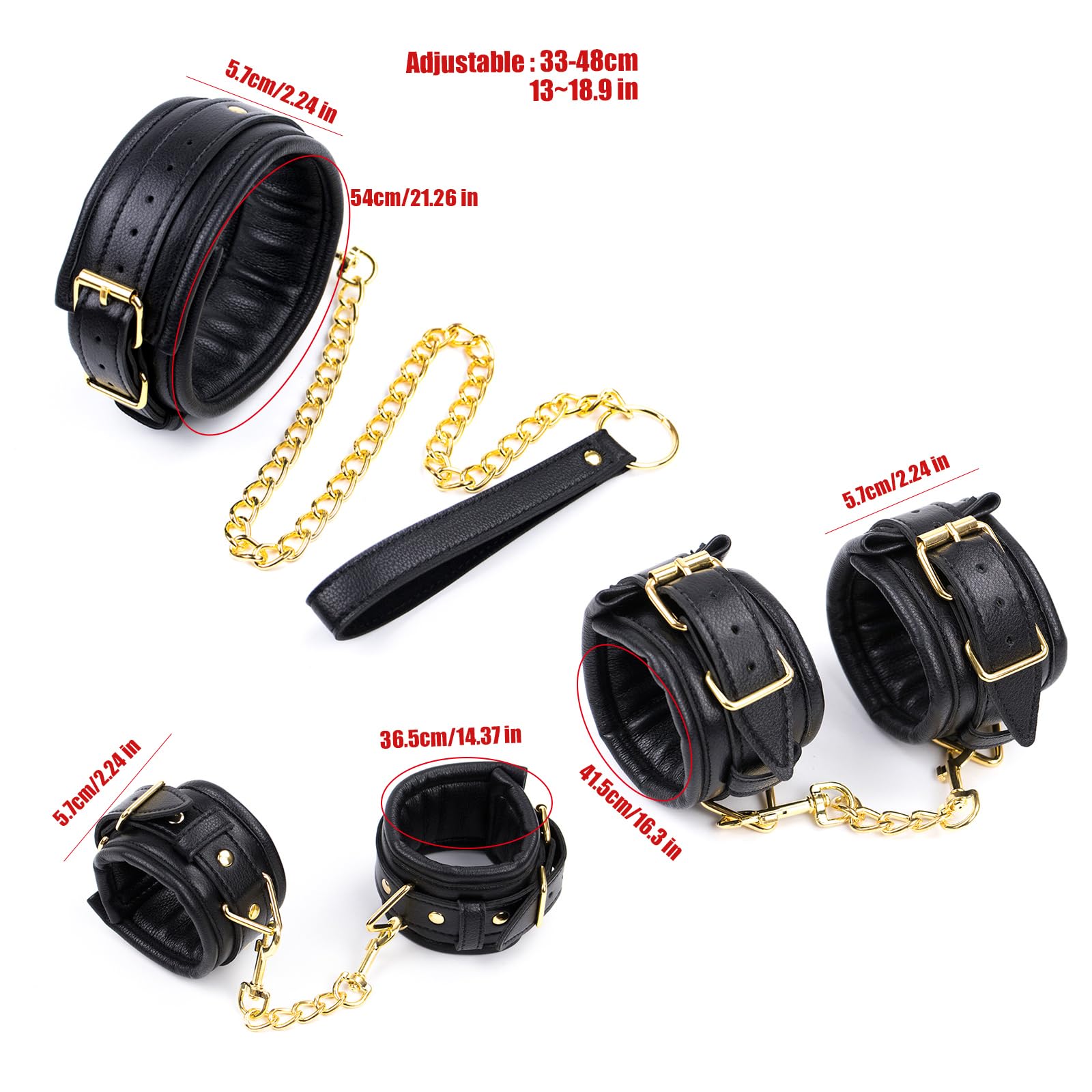 Adjustable PU Leather BDSM Restraint Set - 4-Piece Kit with Handcuffs, Leg Cuffs, Collar & Leash