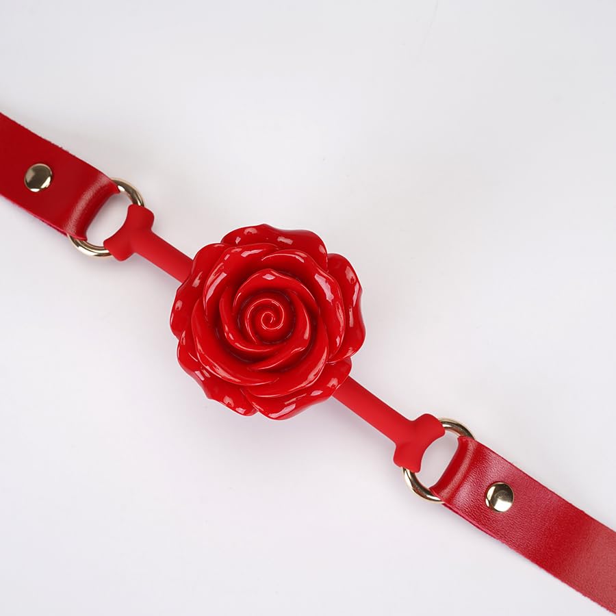Adjustable Genuine Leather & Silicone Rose Gag - 5cm Floral Design, 61cm Straps (Black/Red)