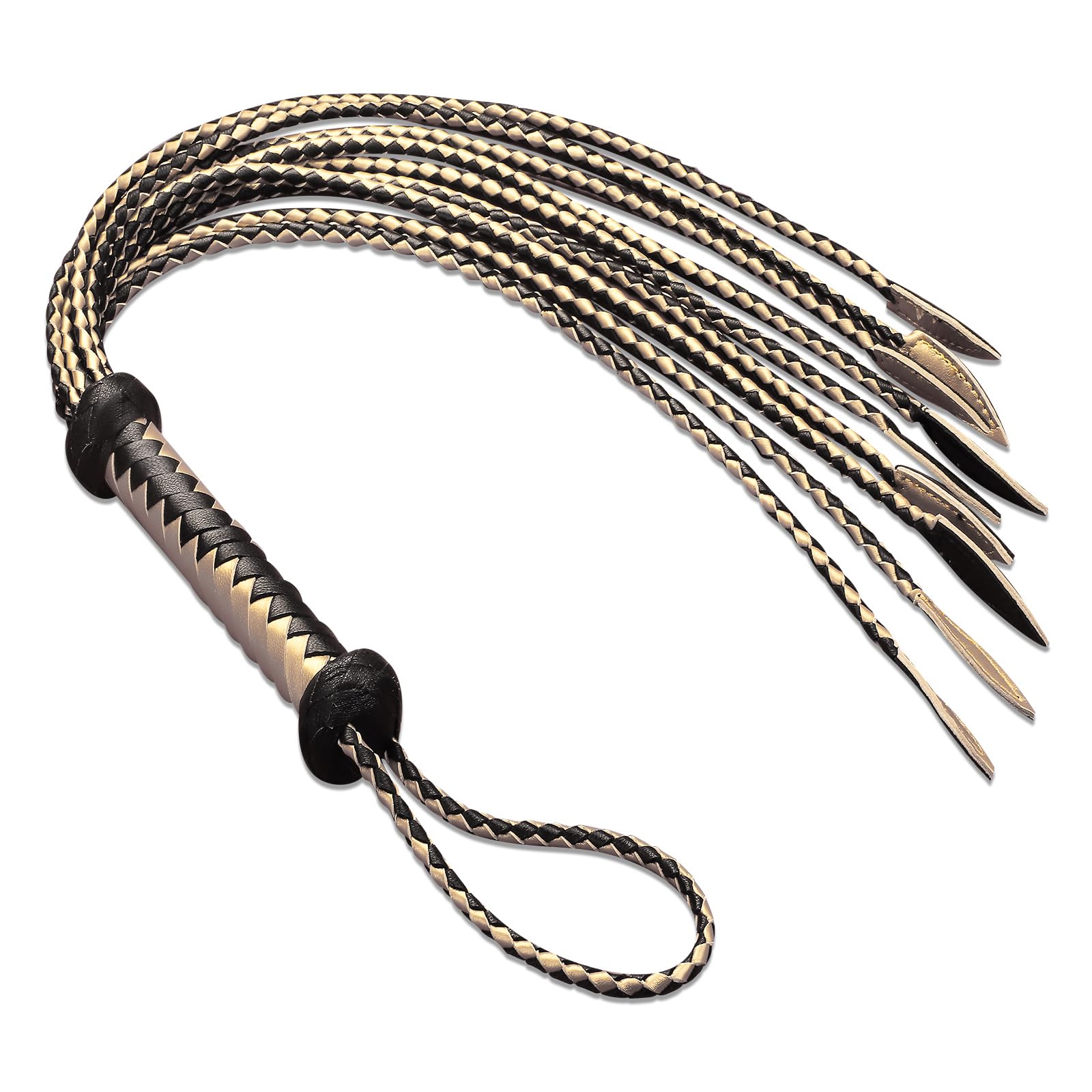 Handwoven Black & Gold Genuine Leather Nine Tails Whip | 60cm Total Length with Willow-Leaf Tail | 15cm Hangable Premium Equestrian Horse Whip | Dual Use for Riding Crop Training