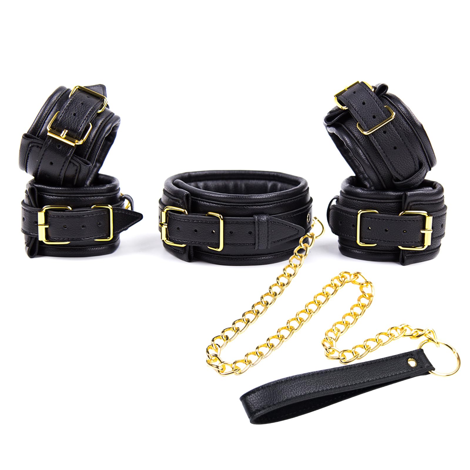Adjustable PU Leather BDSM Restraint Set - 4-Piece Kit with Handcuffs, Leg Cuffs, Collar & Leash
