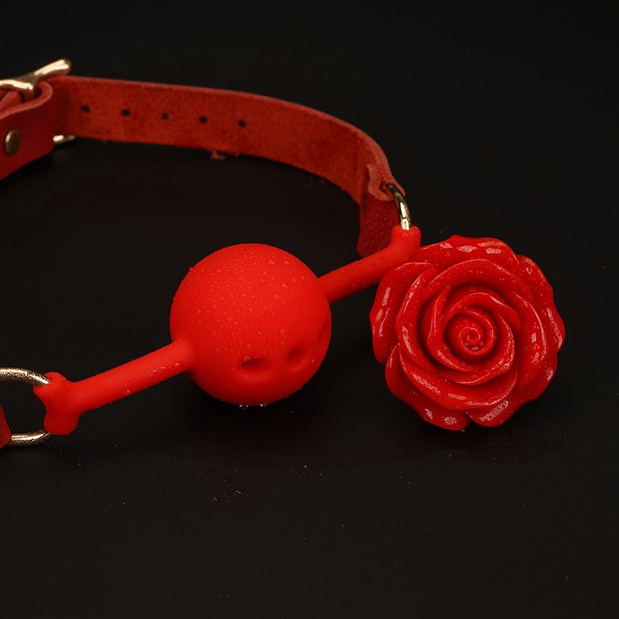Adjustable Genuine Leather & Silicone Rose Gag - 5cm Floral Design, 61cm Straps (Black/Red)