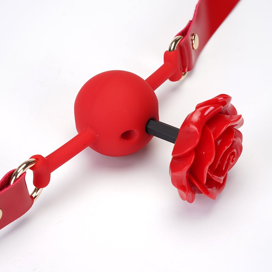 Adjustable Genuine Leather & Silicone Rose Gag - 5cm Floral Design, 61cm Straps (Black/Red)