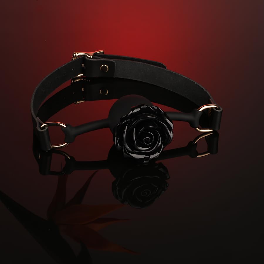 Adjustable Genuine Leather & Silicone Rose Gag - 5cm Floral Design, 61cm Straps (Black/Red)
