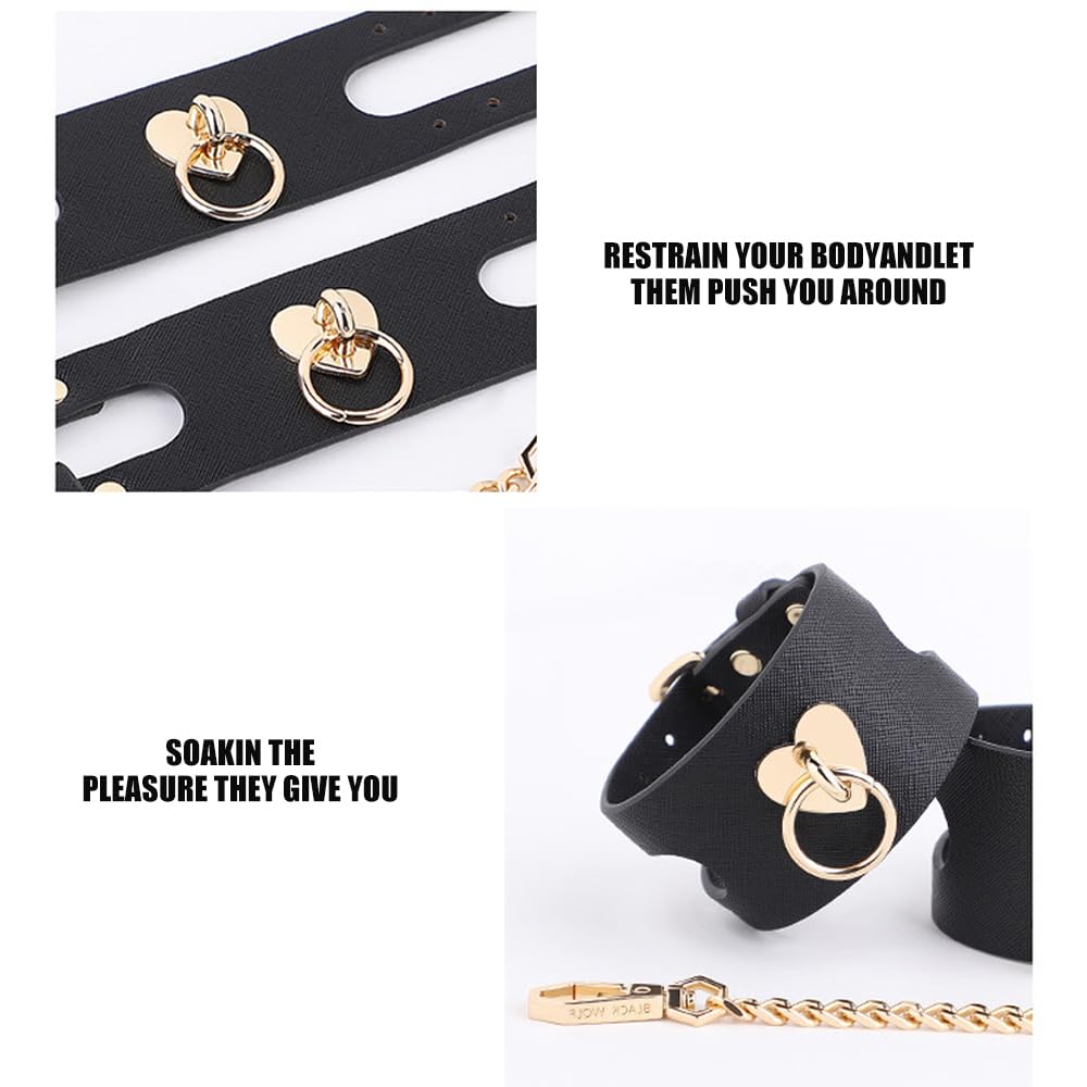 Heart-Cutout Handcuffs Set Bondage Handcuffs BDSM Sex Restraints Toys PU Leather Cuffs Sex Toys Adjustable Adult Fetish Erotic Slave SM Game Chain for Secure Bondage Play
