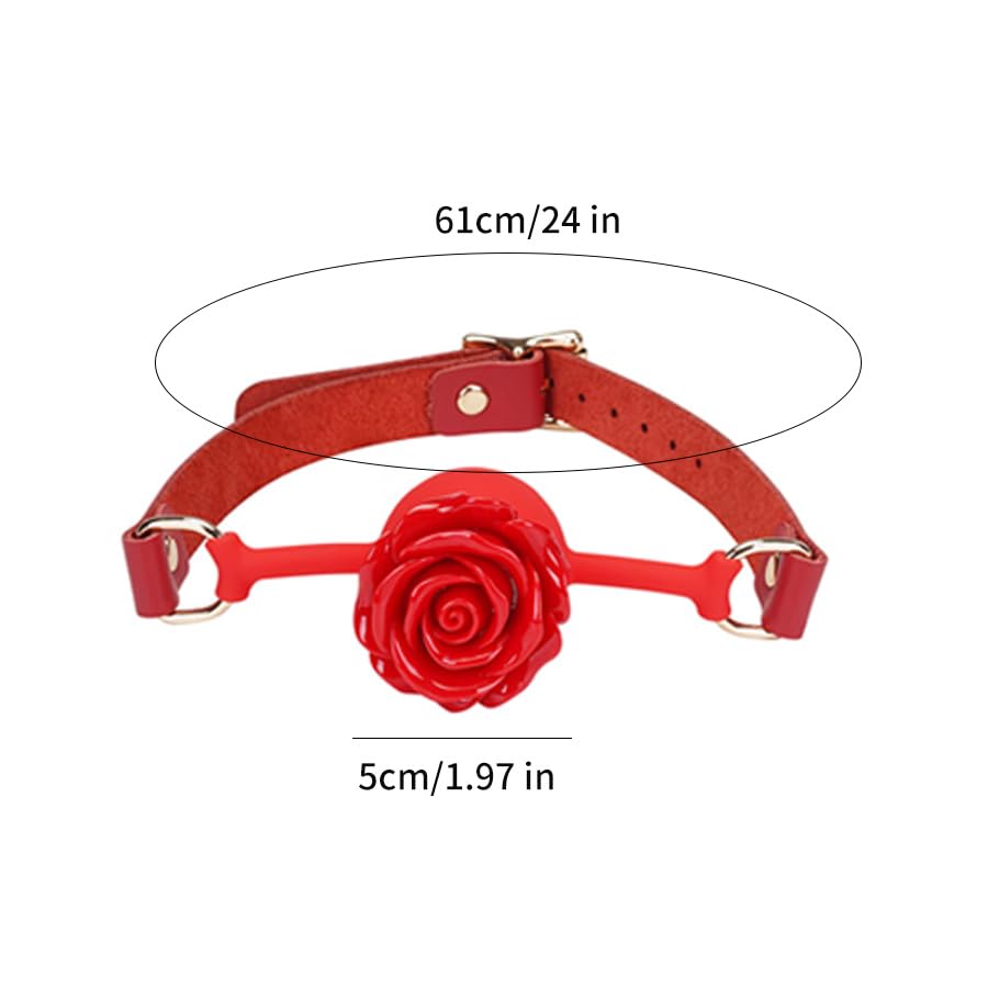 Adjustable Genuine Leather & Silicone Rose Gag - 5cm Floral Design, 61cm Straps (Black/Red)