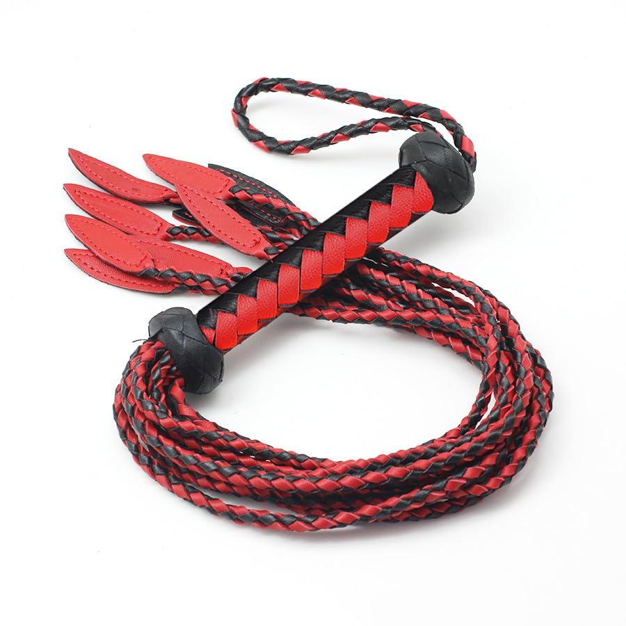 Genuine Leather Big Red & Black Cat-O'-Nine-Tails Whip | 17cm Handle & 43cm Tail | Hangable Equestrian Training Whip | Handcrafted Premium Horse Equipment