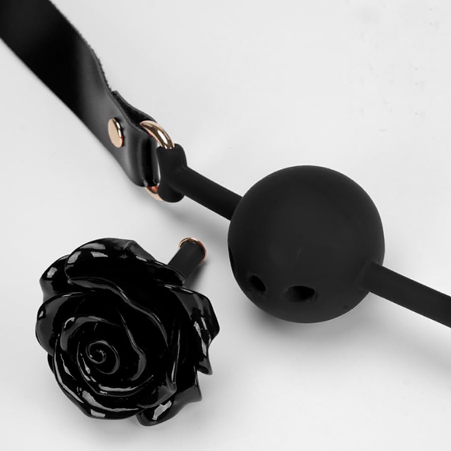 Adjustable Genuine Leather & Silicone Rose Gag - 5cm Floral Design, 61cm Straps (Black/Red)