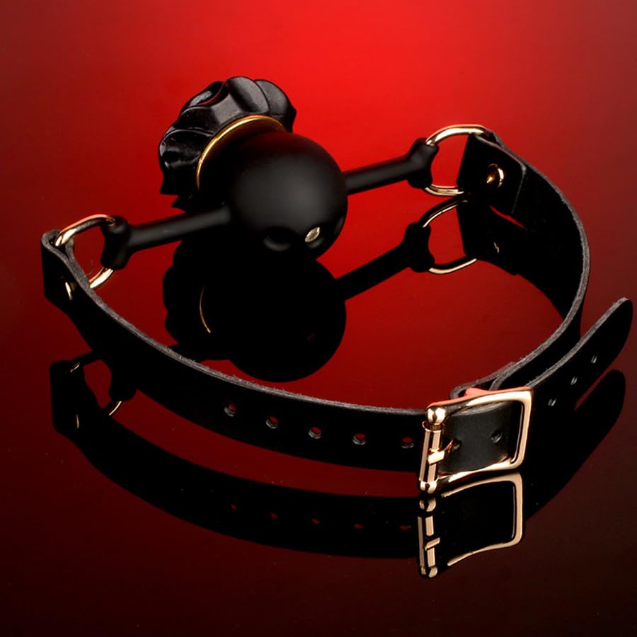 Adjustable Genuine Leather & Silicone Rose Gag - 5cm Floral Design, 61cm Straps (Black/Red)