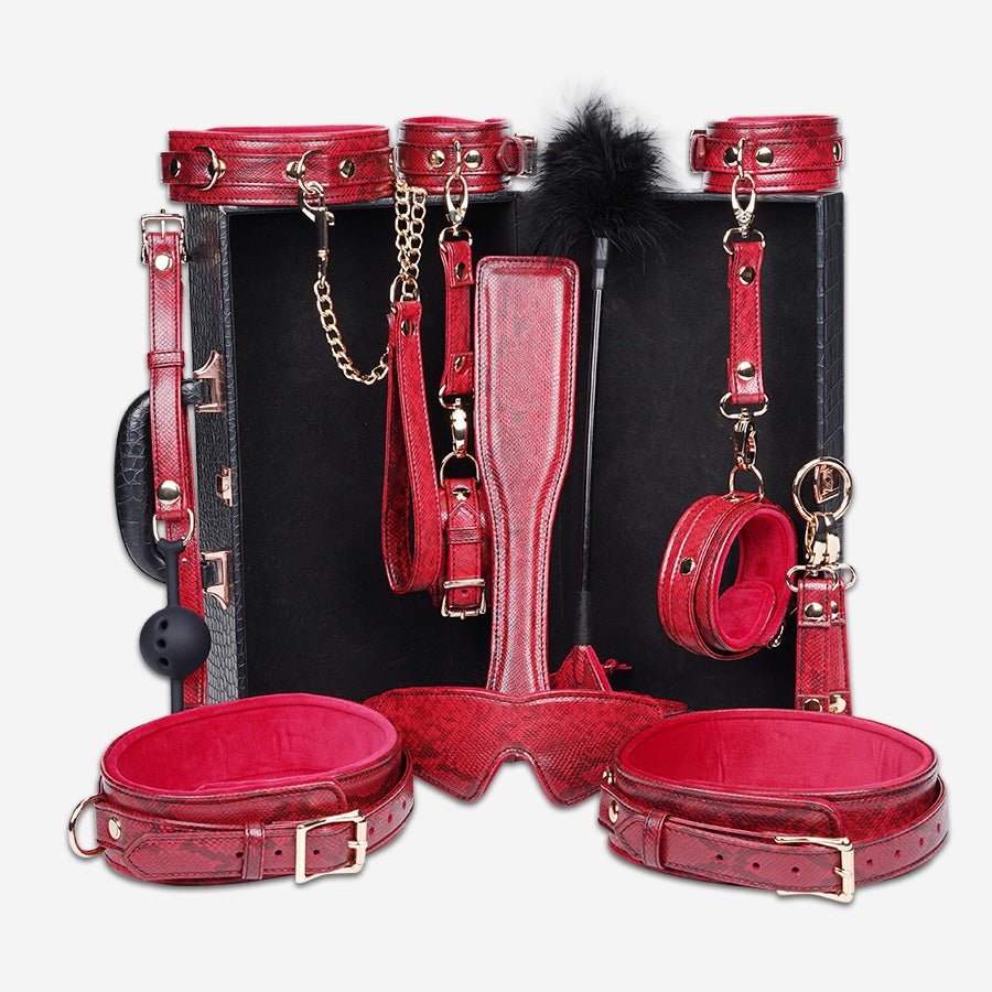 Luxury Handcrafted 11-Piece Genuine Leather BDSM Bondage Kit | Burgundy Snake Pattern Complete Set Couples Gift