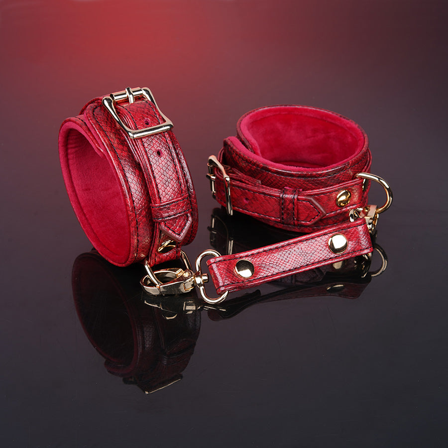 Luxury Handcrafted 11-Piece Genuine Leather BDSM Bondage Kit | Burgundy Snake Pattern Complete Set Couples Gift