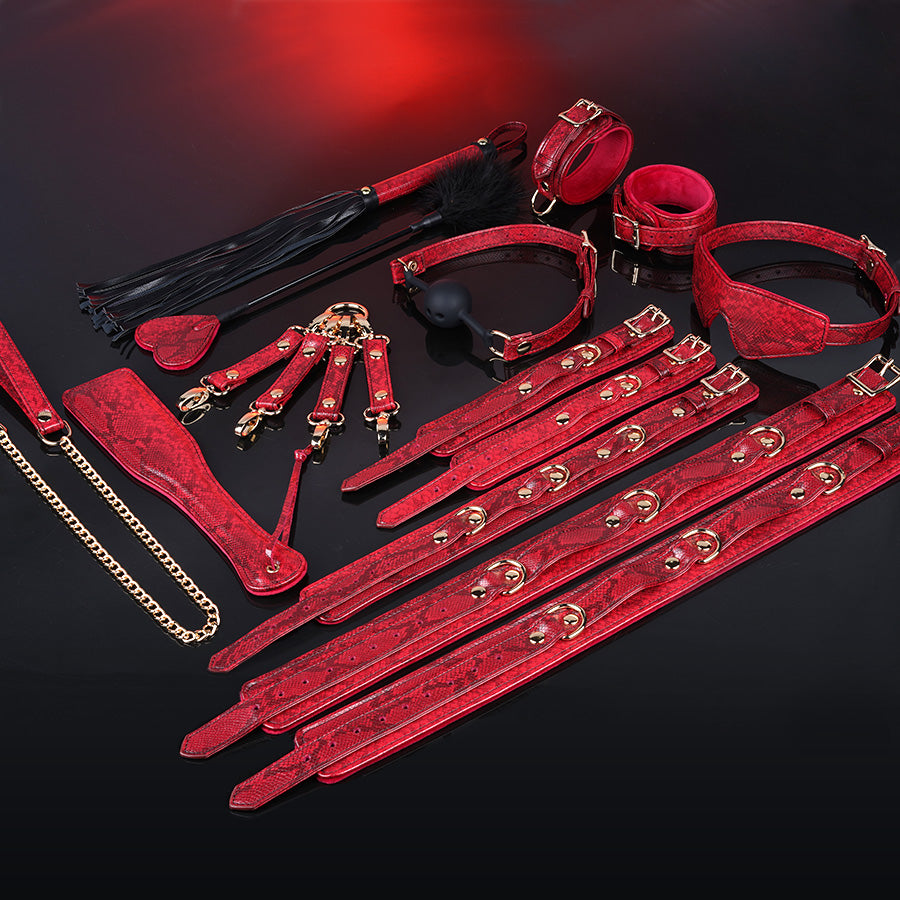 Luxury Handcrafted 11-Piece Genuine Leather BDSM Bondage Kit | Burgundy Snake Pattern Complete Set Couples Gift