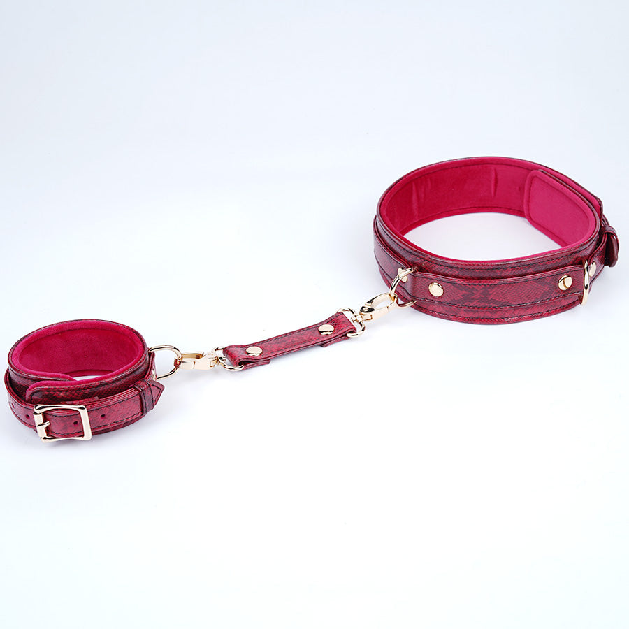 Luxury Handcrafted 11-Piece Genuine Leather BDSM Bondage Kit | Burgundy Snake Pattern Complete Set Couples Gift