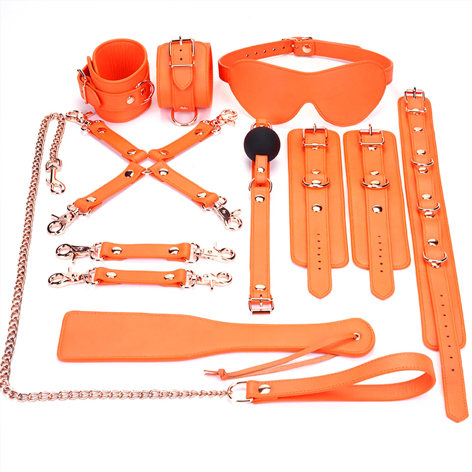 Tryolove 8-Piece BDSM Bondage Kit for Adults - Premium Orange Genuine Leather Restraints Set with Silicone Ball Gag, Blindfold, Flogger & Collar | Ultimate Couples Fantasy Accessories