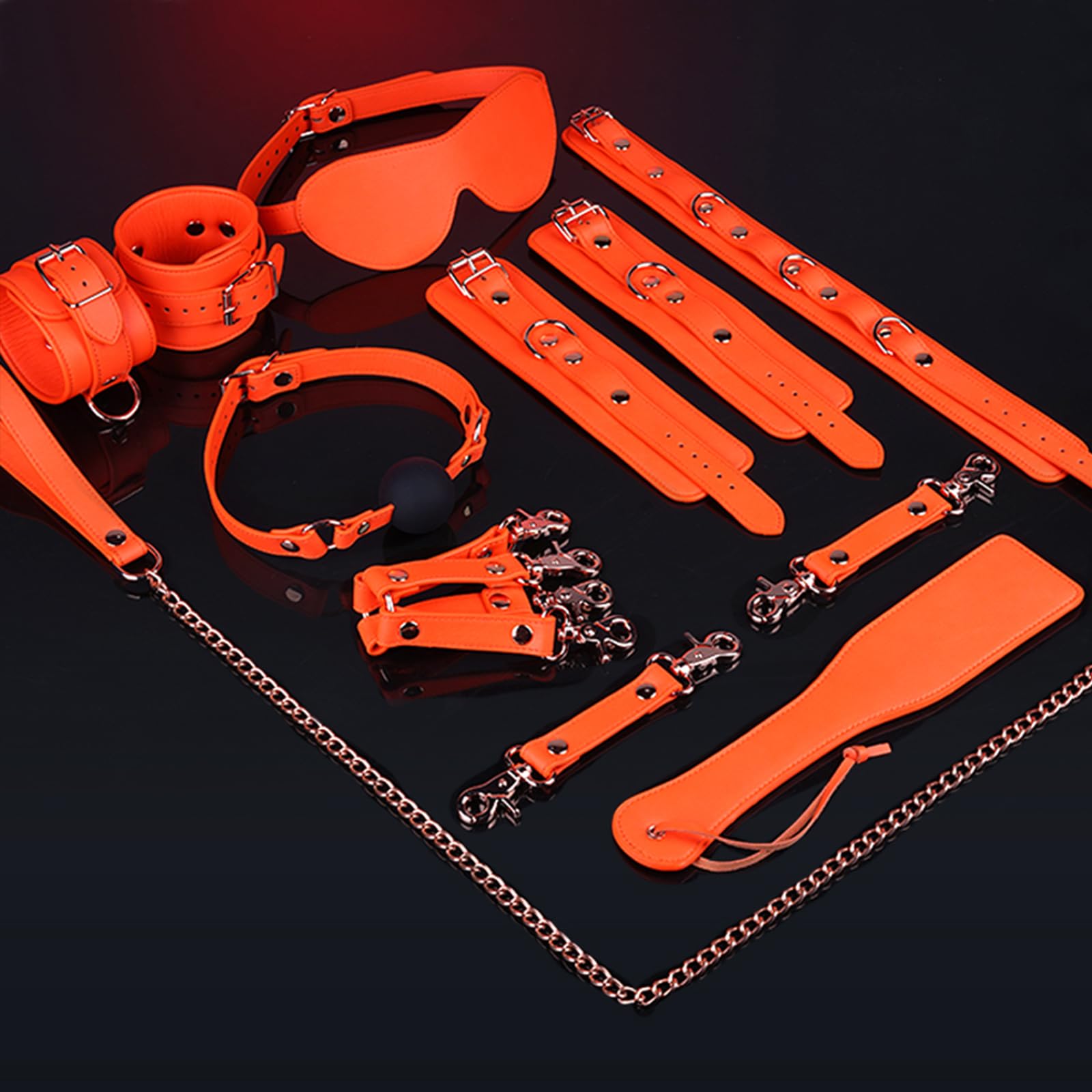 Tryolove 8-Piece BDSM Bondage Kit for Adults - Premium Orange Genuine Leather Restraints Set with Silicone Ball Gag, Blindfold, Flogger & Collar | Ultimate Couples Fantasy Accessories