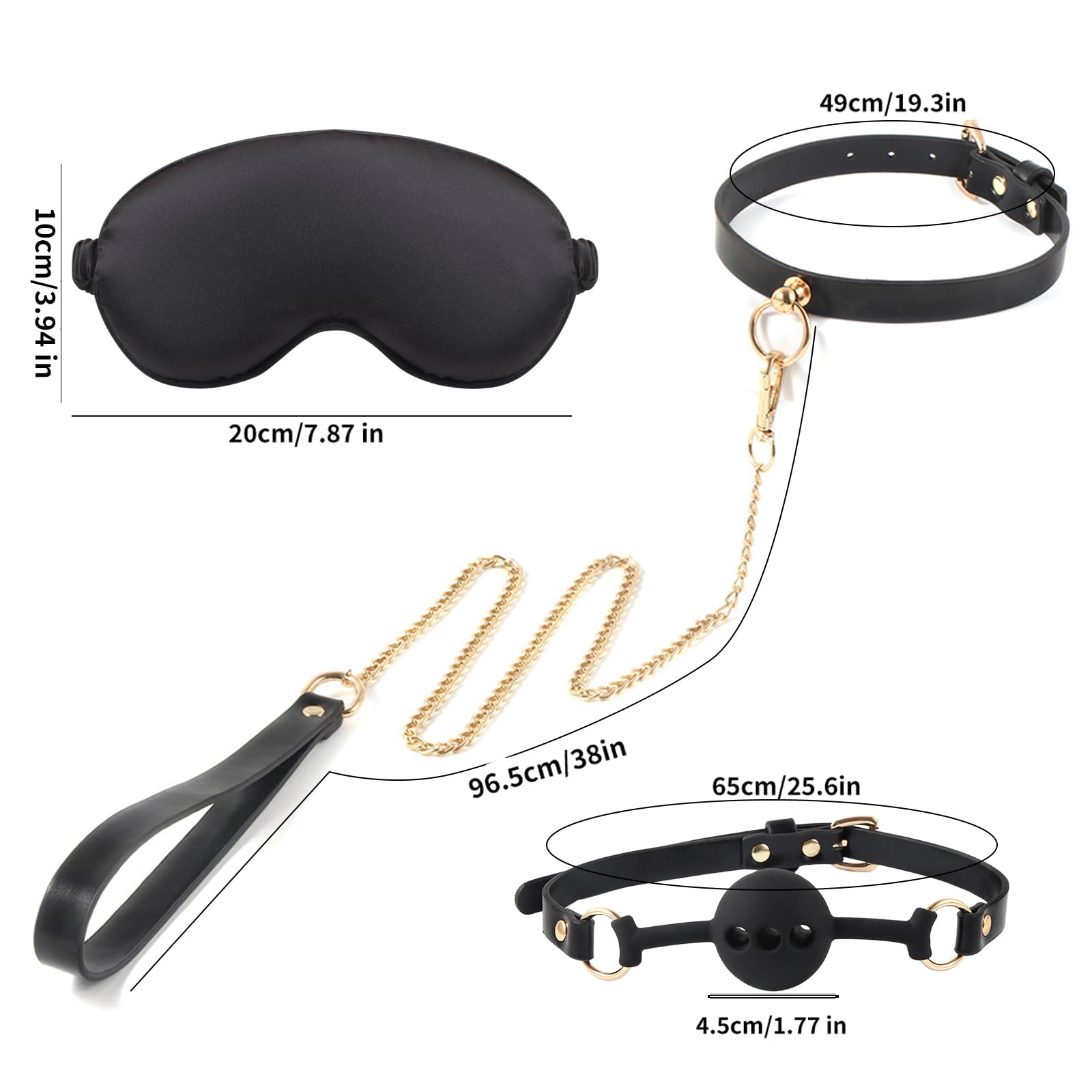 Black & Gold PU Leather BDSM Restraint Set - 4-Piece Kit with Satin Blindfold, Silicone Gag, Collar & Leash
