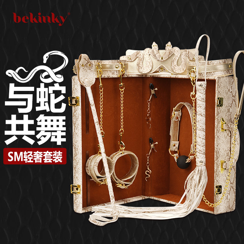 Luxury Handcrafted 10-Piece Genuine Leather BDSM Bondage Kit | Platinum Snake Pattern Complete Restraint Set Gift