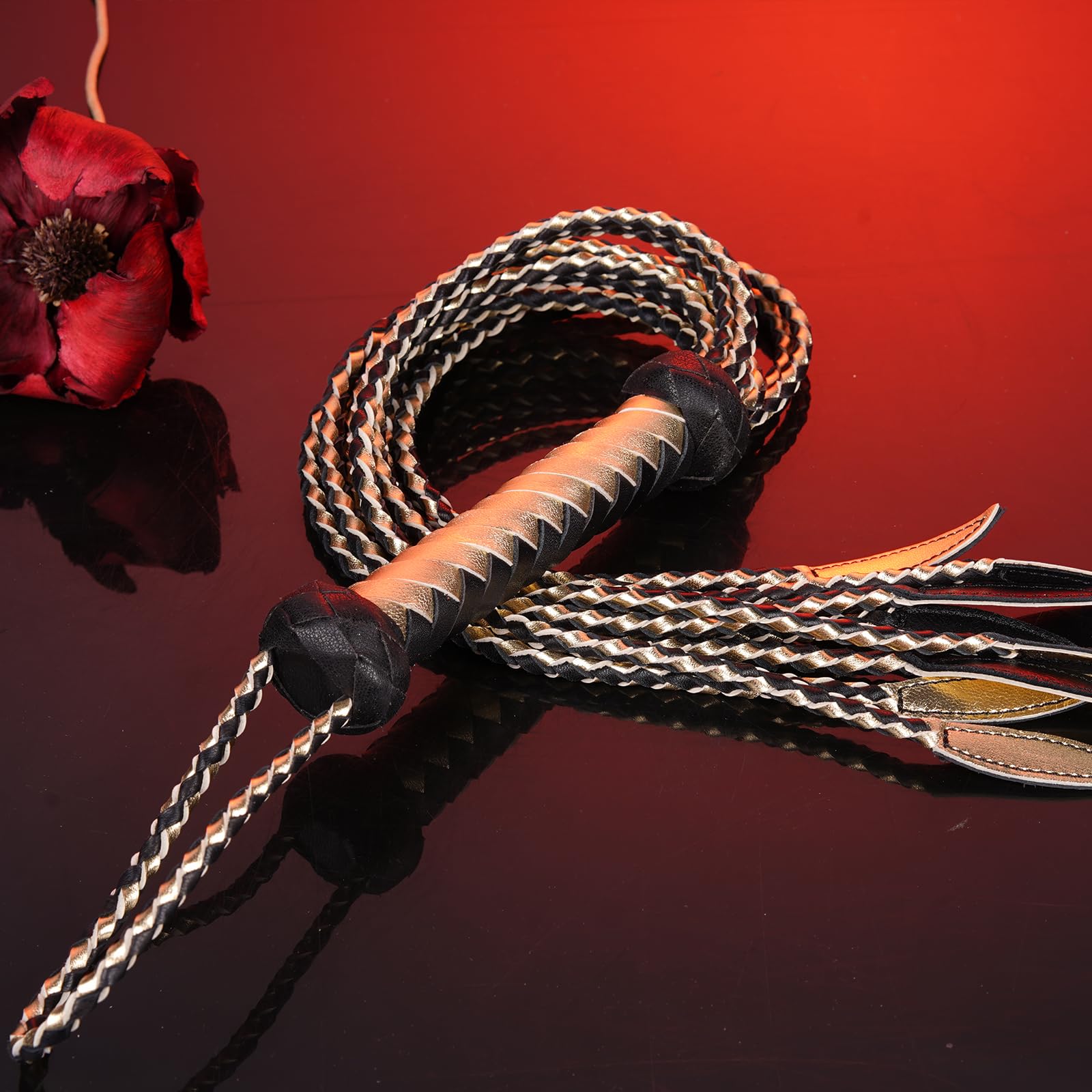 Handwoven Black & Gold Genuine Leather Nine Tails Whip | 60cm Total Length with Willow-Leaf Tail | 15cm Hangable Premium Equestrian Horse Whip | Dual Use for Riding Crop Training
