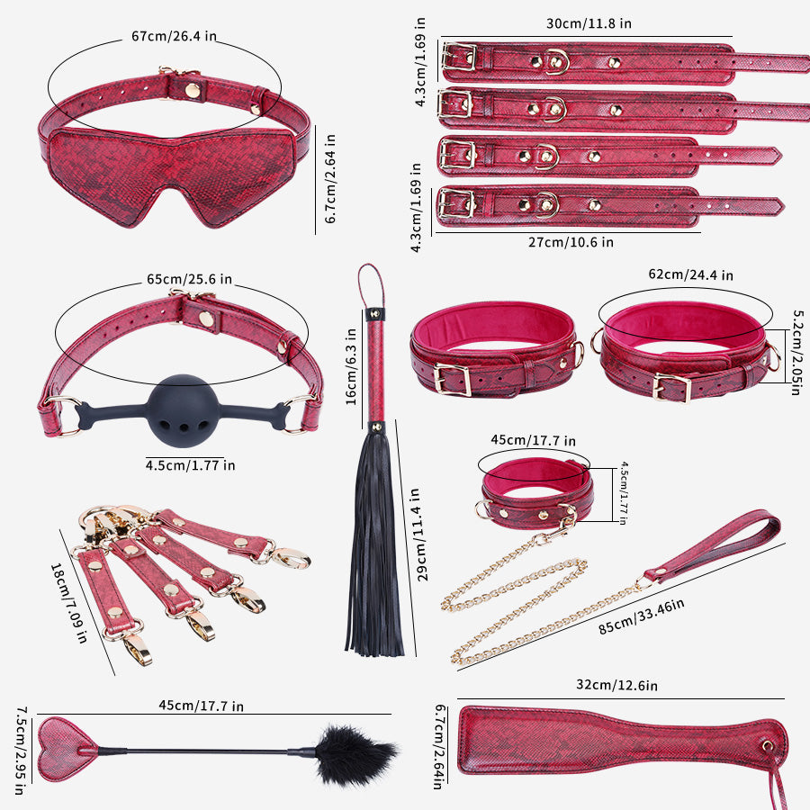 Luxury Handcrafted 11-Piece Genuine Leather BDSM Bondage Kit | Burgundy Snake Pattern Complete Set Couples Gift