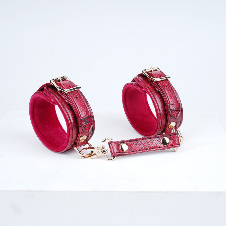 Luxury Handcrafted 11-Piece Genuine Leather BDSM Bondage Kit | Burgundy Snake Pattern Complete Set Couples Gift