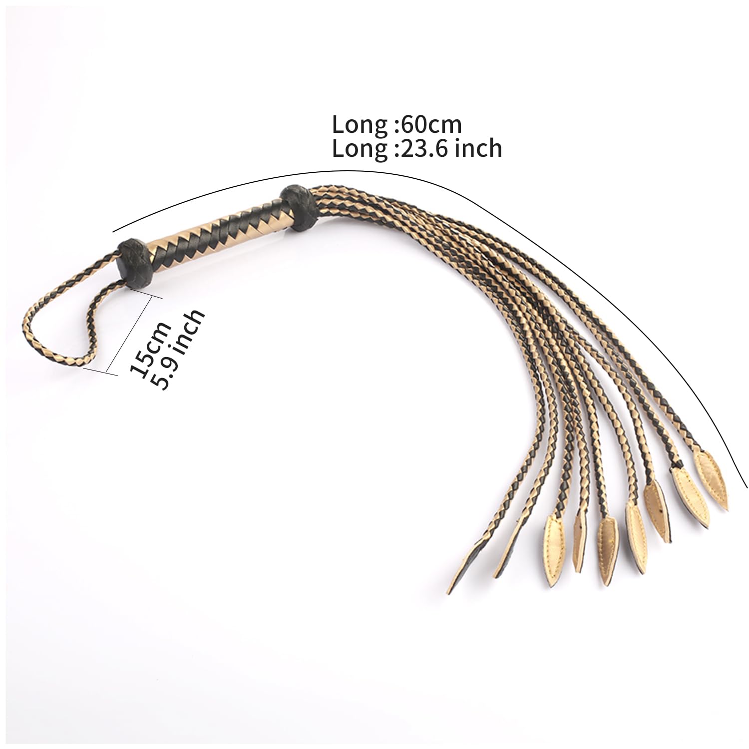 Handwoven Black & Gold Genuine Leather Nine Tails Whip | 60cm Total Length with Willow-Leaf Tail | 15cm Hangable Premium Equestrian Horse Whip | Dual Use for Riding Crop Training