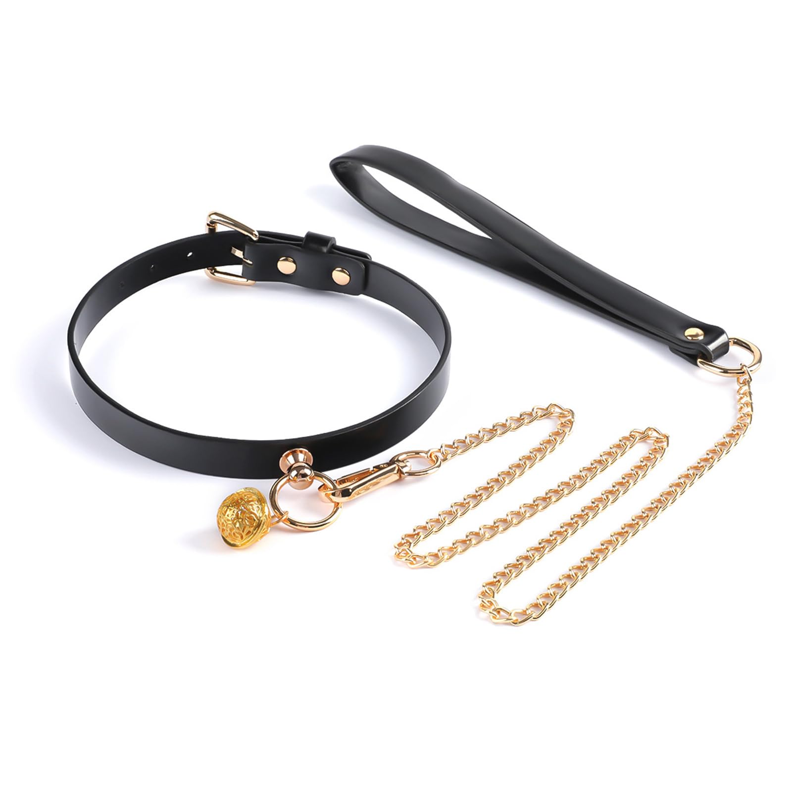 Black & Gold PU Leather BDSM Restraint Set - 4-Piece Kit with Satin Blindfold, Silicone Gag, Collar & Leash