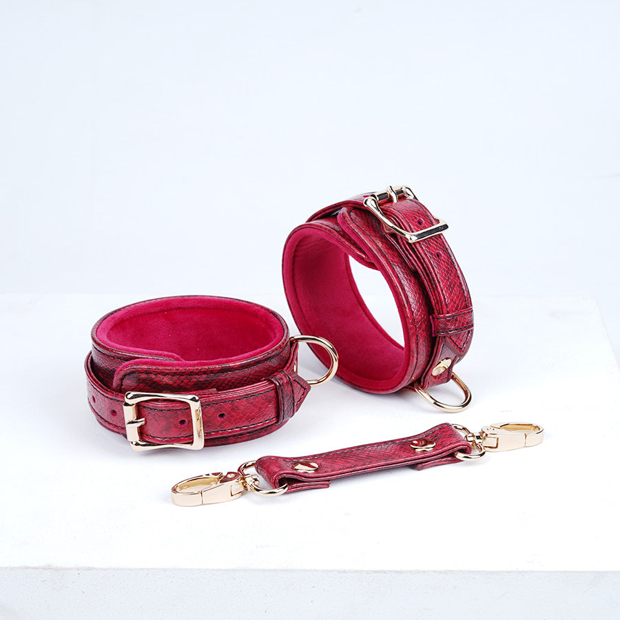 Luxury Handcrafted 11-Piece Genuine Leather BDSM Bondage Kit | Burgundy Snake Pattern Complete Set Couples Gift