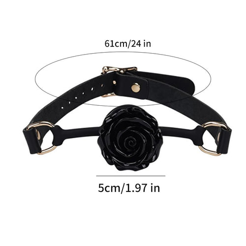 Adjustable Genuine Leather & Silicone Rose Gag - 5cm Floral Design, 61cm Straps (Black/Red)