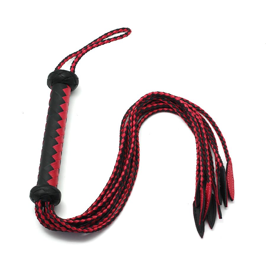 Professional Genuine Leather Big Red & Black Cat-O'-Nine-Tails Whip | 17cm Handle & 43cm Tail | Hangable Equestrian Training Whip | Handcrafted Premium Horse Equipment | Handcrafted BDSM Flogger | Cat-O-Nine-Tails Whip