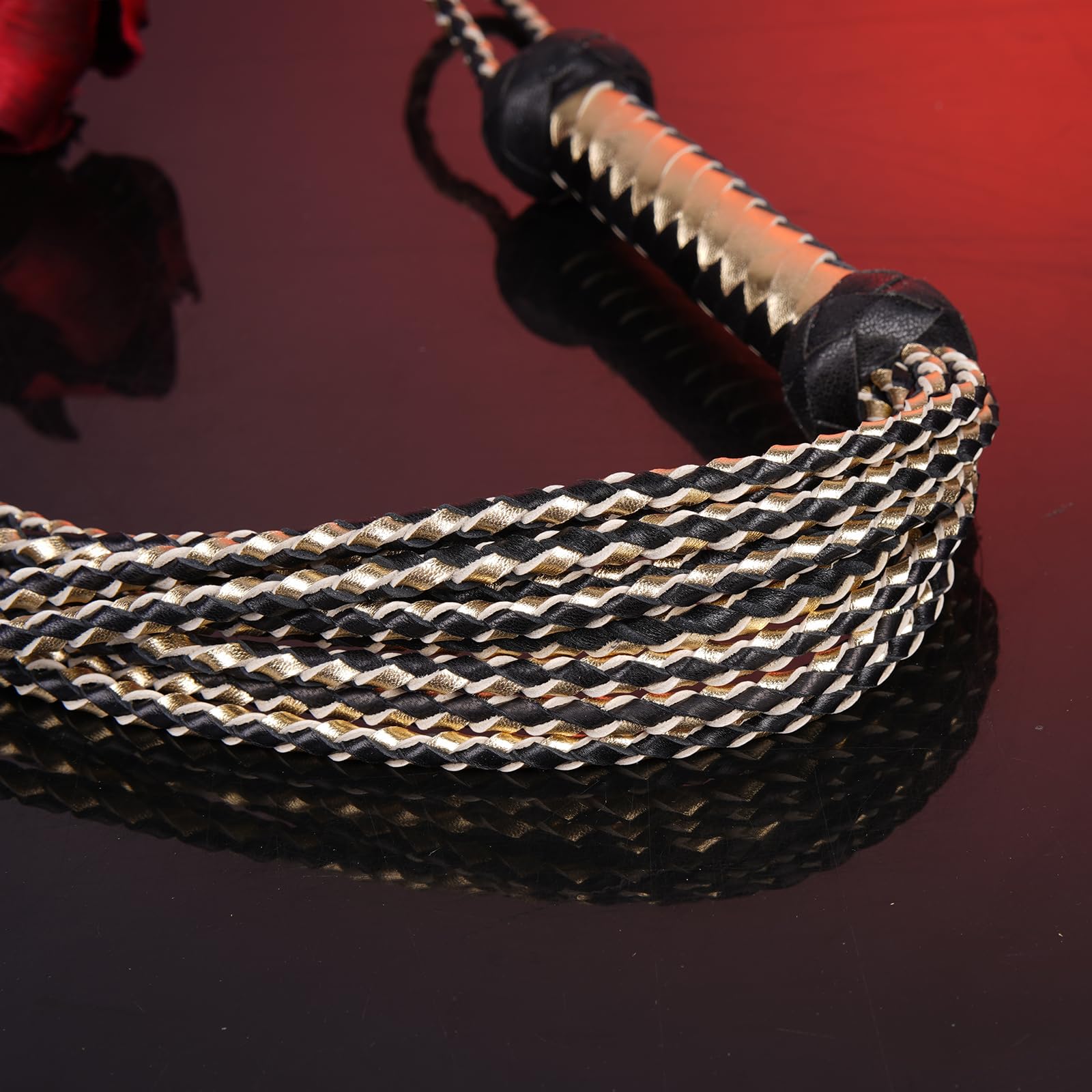 Handwoven Black & Gold Genuine Leather Nine Tails Whip | 60cm Total Length with Willow-Leaf Tail | 15cm Hangable Premium Equestrian Horse Whip | Dual Use for Riding Crop Training