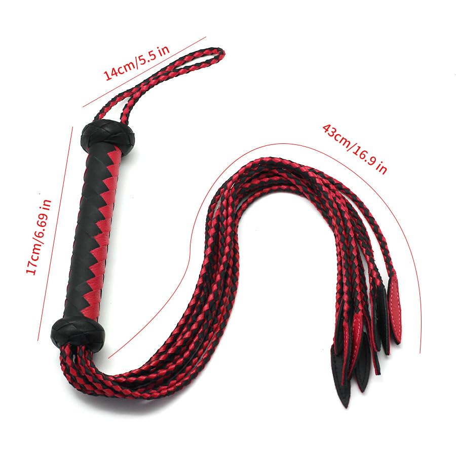 Professional Genuine Leather Big Red & Black Cat-O'-Nine-Tails Whip | 17cm Handle & 43cm Tail | Hangable Equestrian Training Whip | Handcrafted Premium Horse Equipment | Handcrafted BDSM Flogger | Cat-O-Nine-Tails Whip