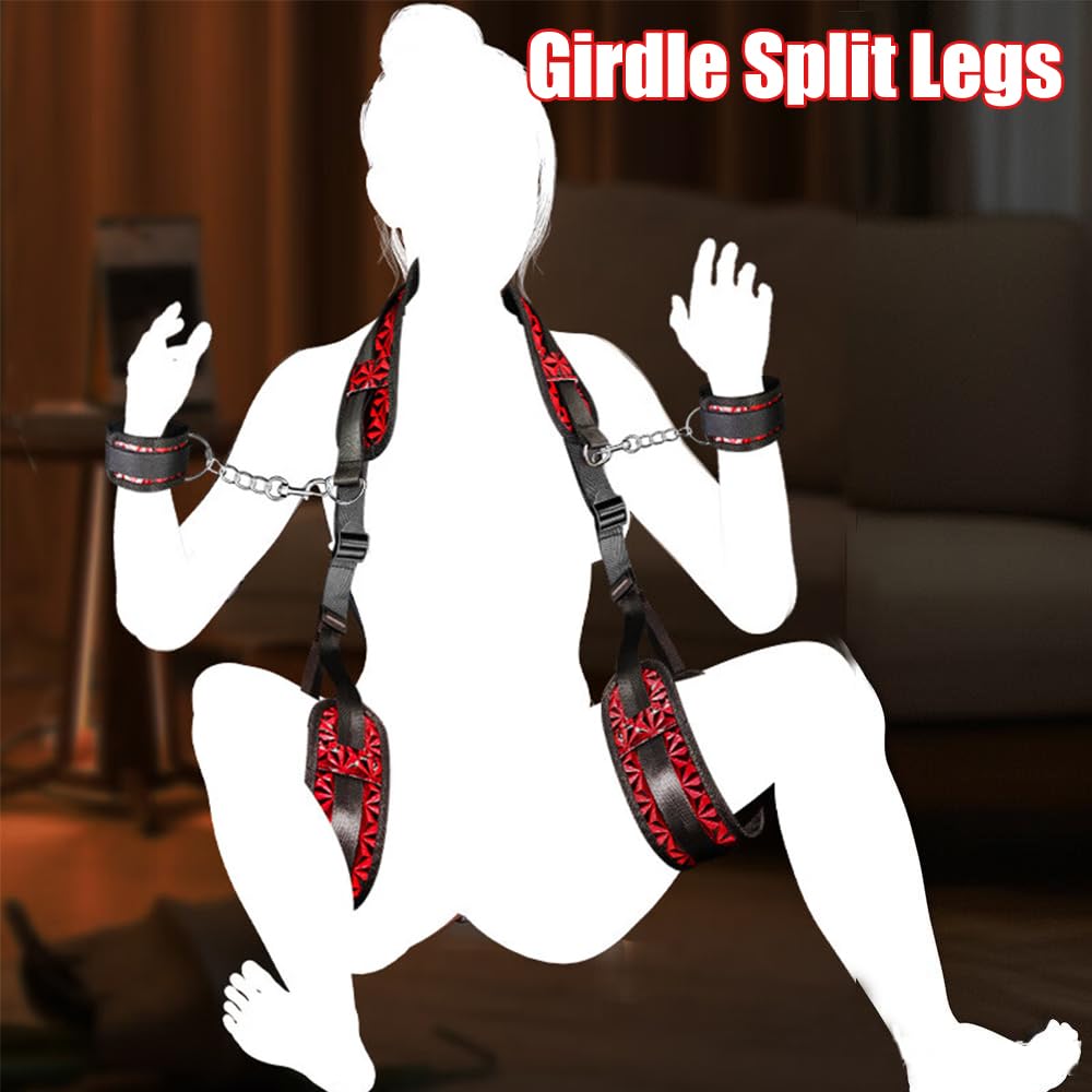 Red Diamond-Textured Thigh & Wrist Restraint Set - Adjustable Multi-Position Bondage Cuffs