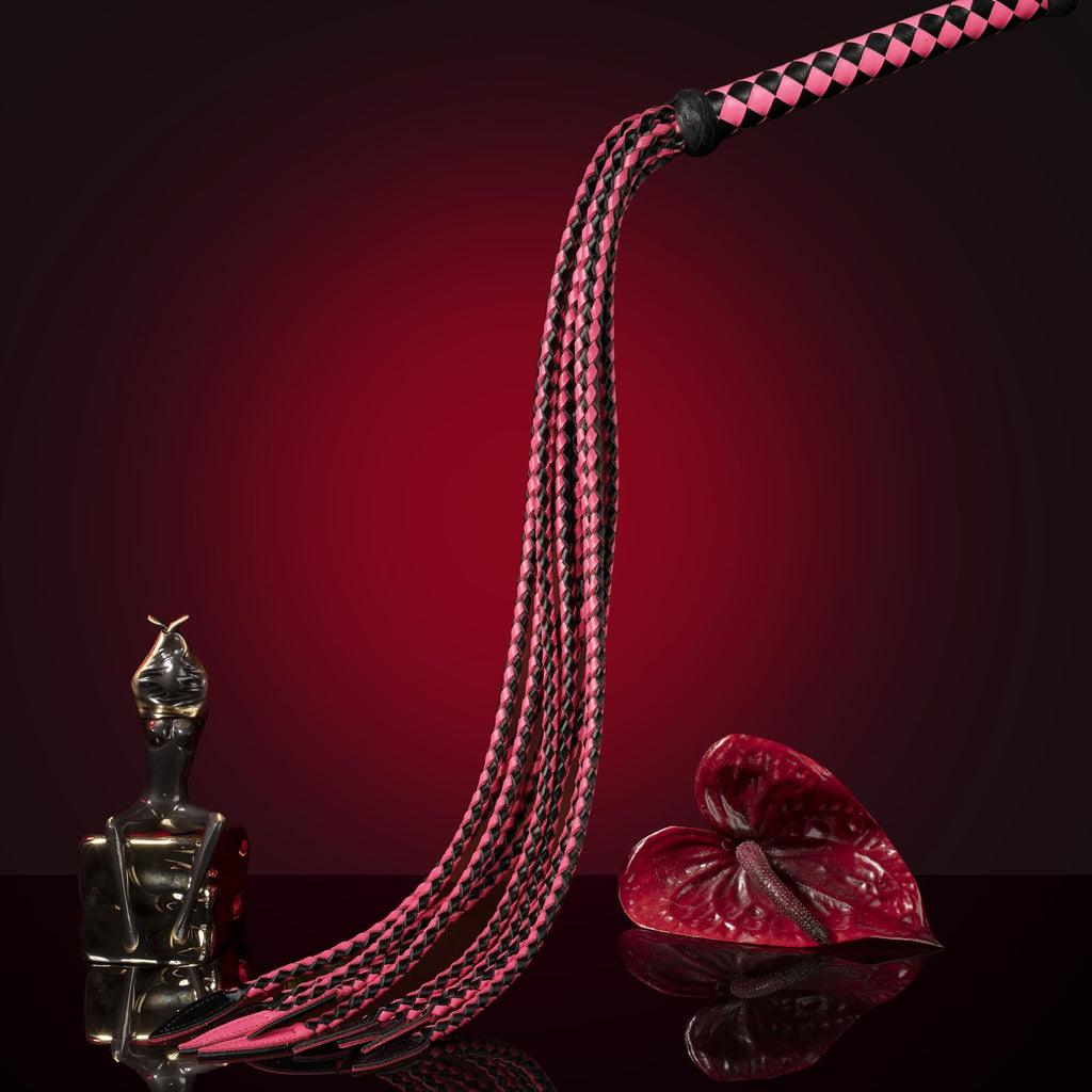 Genuine Leather Red & Black Cat-O'-Nine-Tails Whip | 23cm Handle & 59cm Tail | Hangable Equestrian Training Whip | Handcrafted Premium Horse Equipment