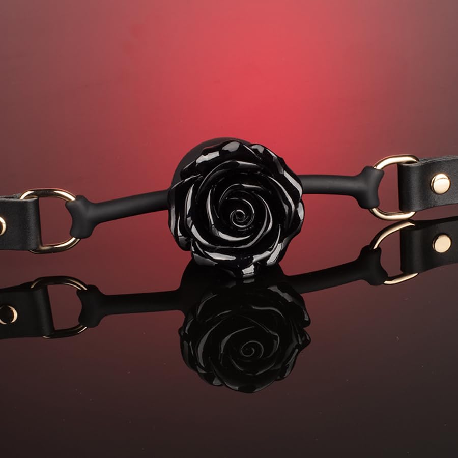 Adjustable Genuine Leather & Silicone Rose Gag - 5cm Floral Design, 61cm Straps (Black/Red)