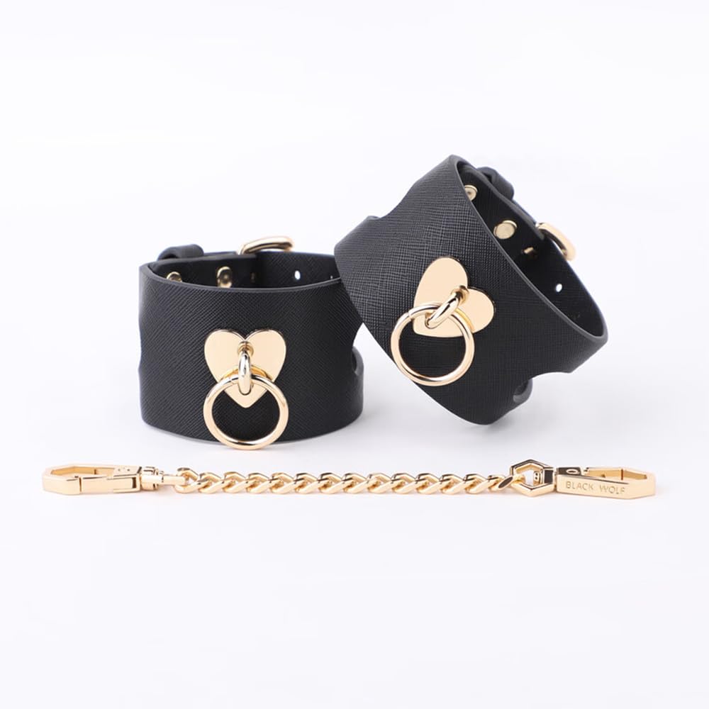 Heart-Cutout Handcuffs Set Bondage Handcuffs BDSM Sex Restraints Toys PU Leather Cuffs Sex Toys Adjustable Adult Fetish Erotic Slave SM Game Chain for Secure Bondage Play