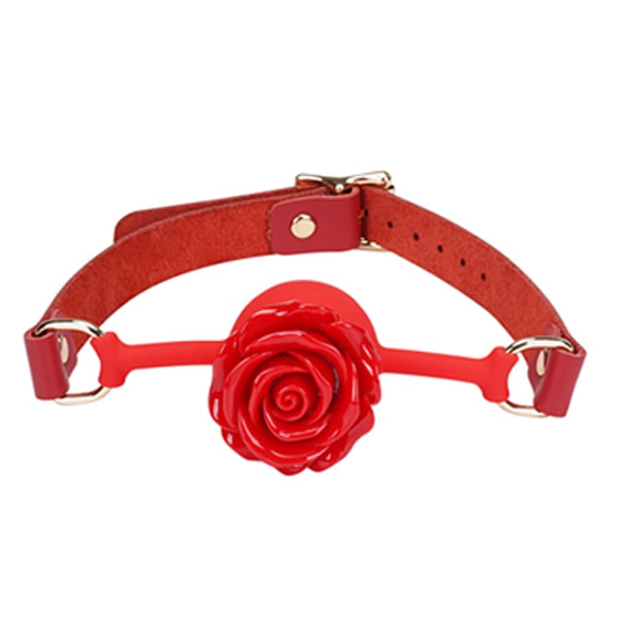 Adjustable Genuine Leather & Silicone Rose Gag - 5cm Floral Design, 61cm Straps (Black/Red)