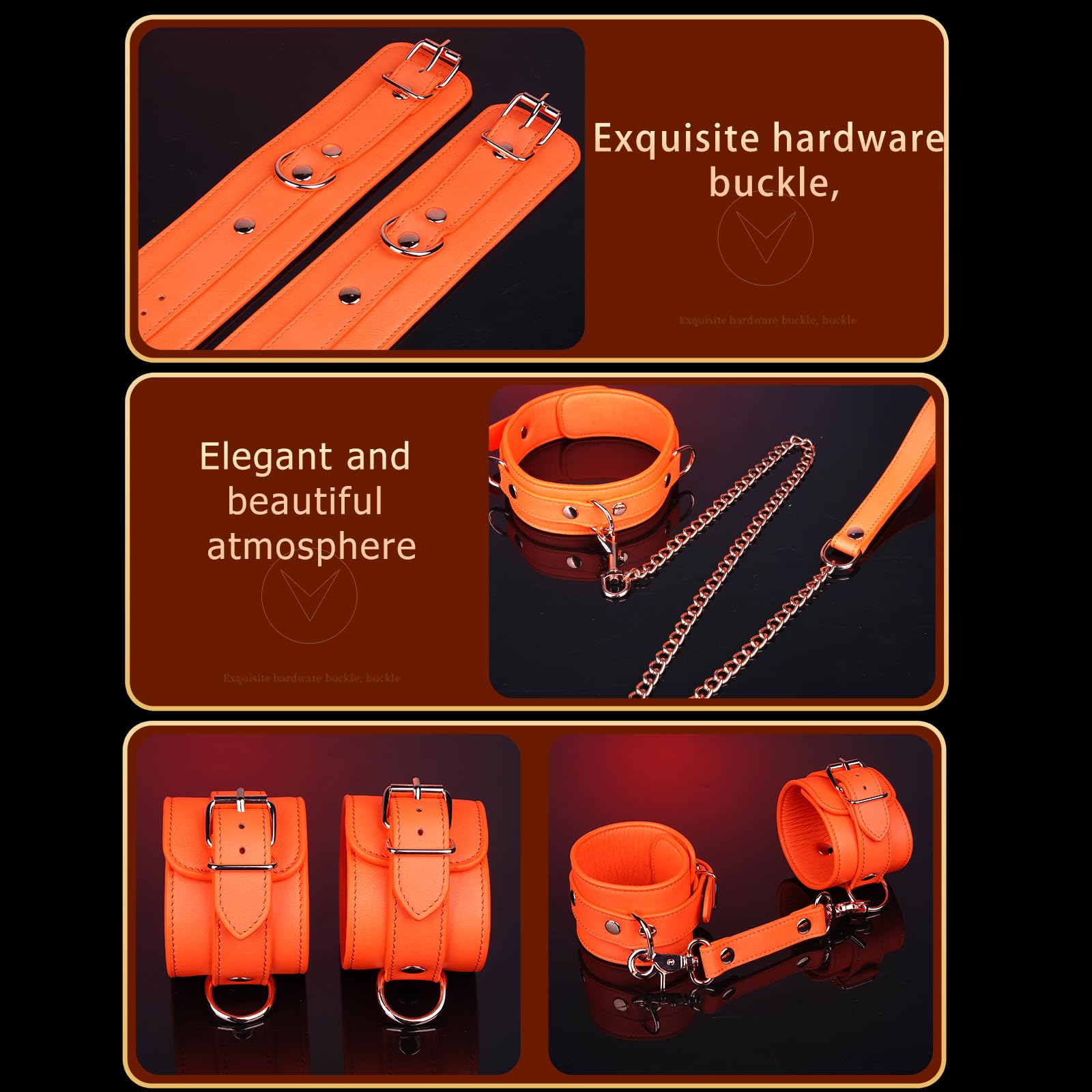 Tryolove 8-Piece BDSM Bondage Kit for Adults - Premium Orange Genuine Leather Restraints Set with Silicone Ball Gag, Blindfold, Flogger & Collar | Ultimate Couples Fantasy Accessories