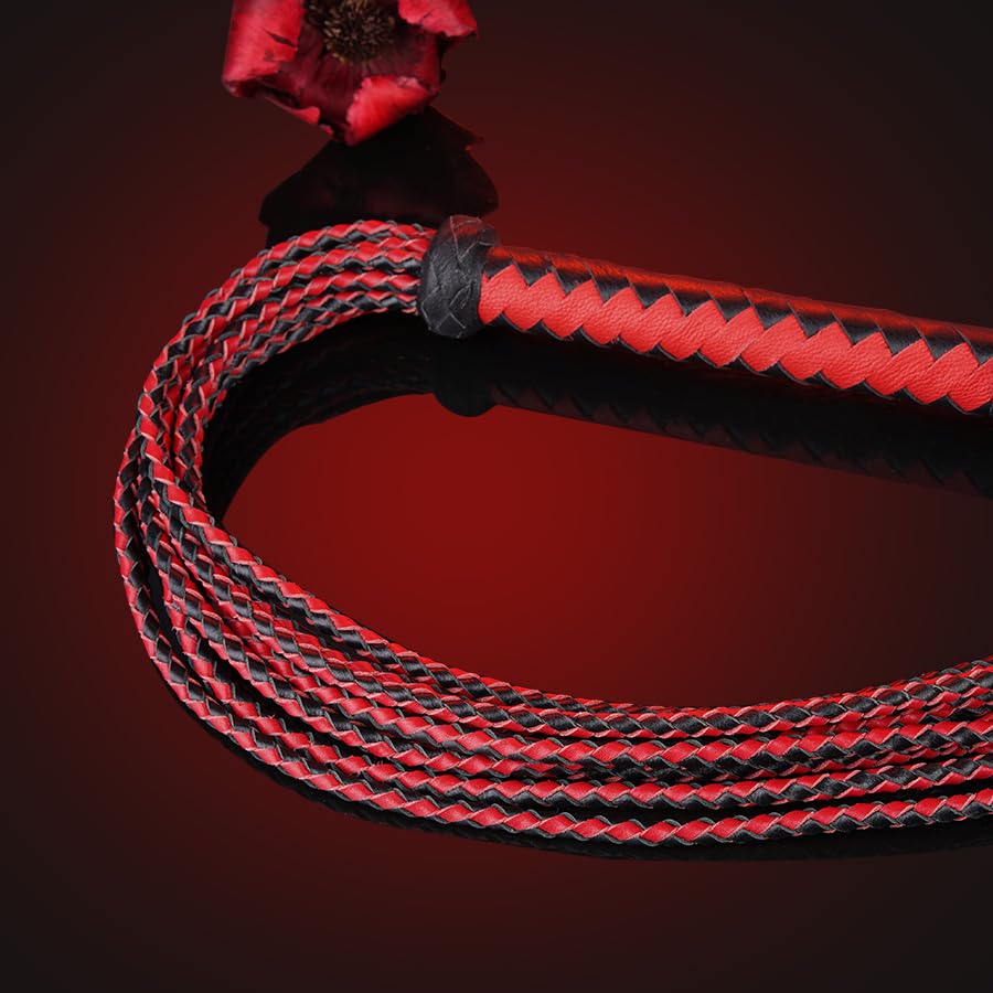 Professional Genuine Leather Big Red & Black Cat-O'-Nine-Tails Whip | 17cm Handle & 43cm Tail | Hangable Equestrian Training Whip | Handcrafted Premium Horse Equipment | Handcrafted BDSM Flogger | Cat-O-Nine-Tails Whip