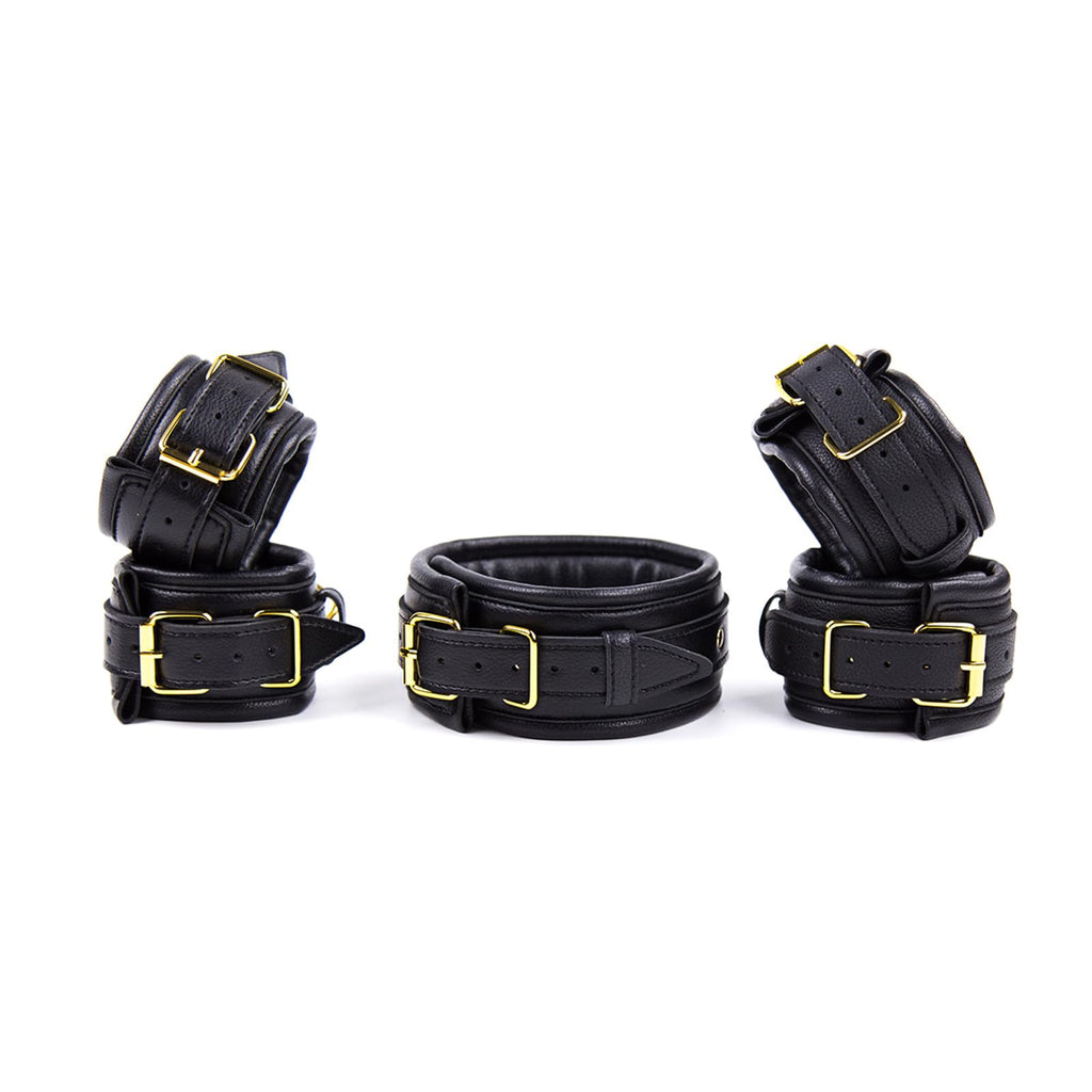 Adjustable PU Leather BDSM Restraint Set - 4-Piece Kit with Handcuffs, Leg Cuffs, Collar & Leash