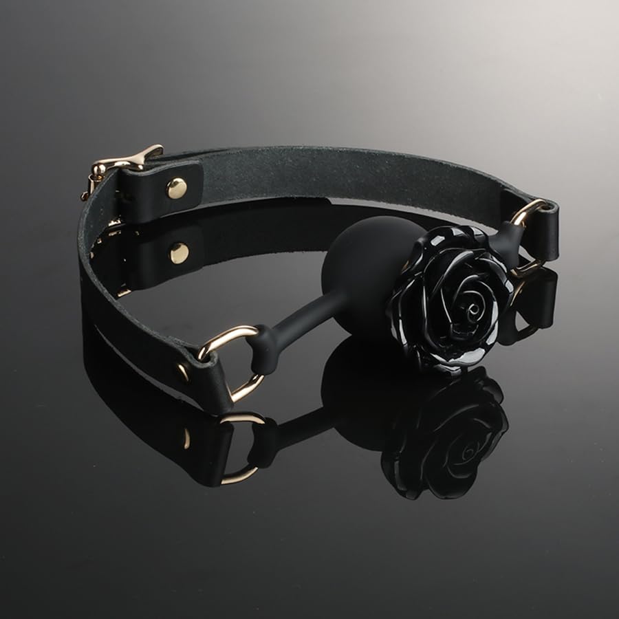 Adjustable Genuine Leather & Silicone Rose Gag - 5cm Floral Design, 61cm Straps (Black/Red)