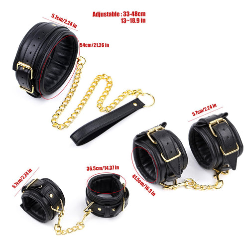 Adjustable PU Leather BDSM Restraint Set - 4-Piece Kit with Handcuffs, Leg Cuffs, Collar & Leash