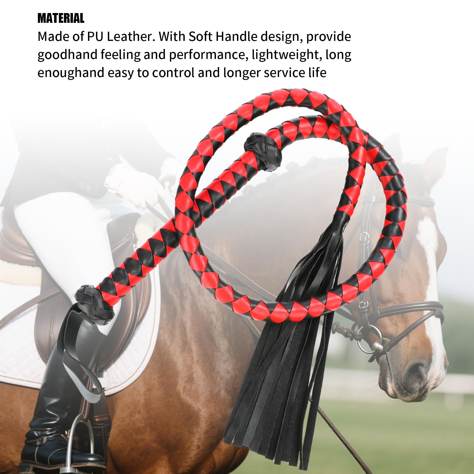 Professional Black & Red PU Leather Horse Whip - 143cm/56.3in for Equestrian Training
