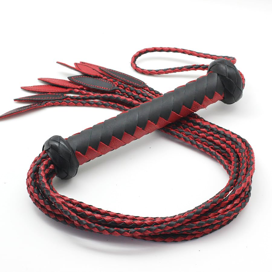 Professional Genuine Leather Big Red & Black Cat-O'-Nine-Tails Whip | 17cm Handle & 43cm Tail | Hangable Equestrian Training Whip | Handcrafted Premium Horse Equipment | Handcrafted BDSM Flogger | Cat-O-Nine-Tails Whip